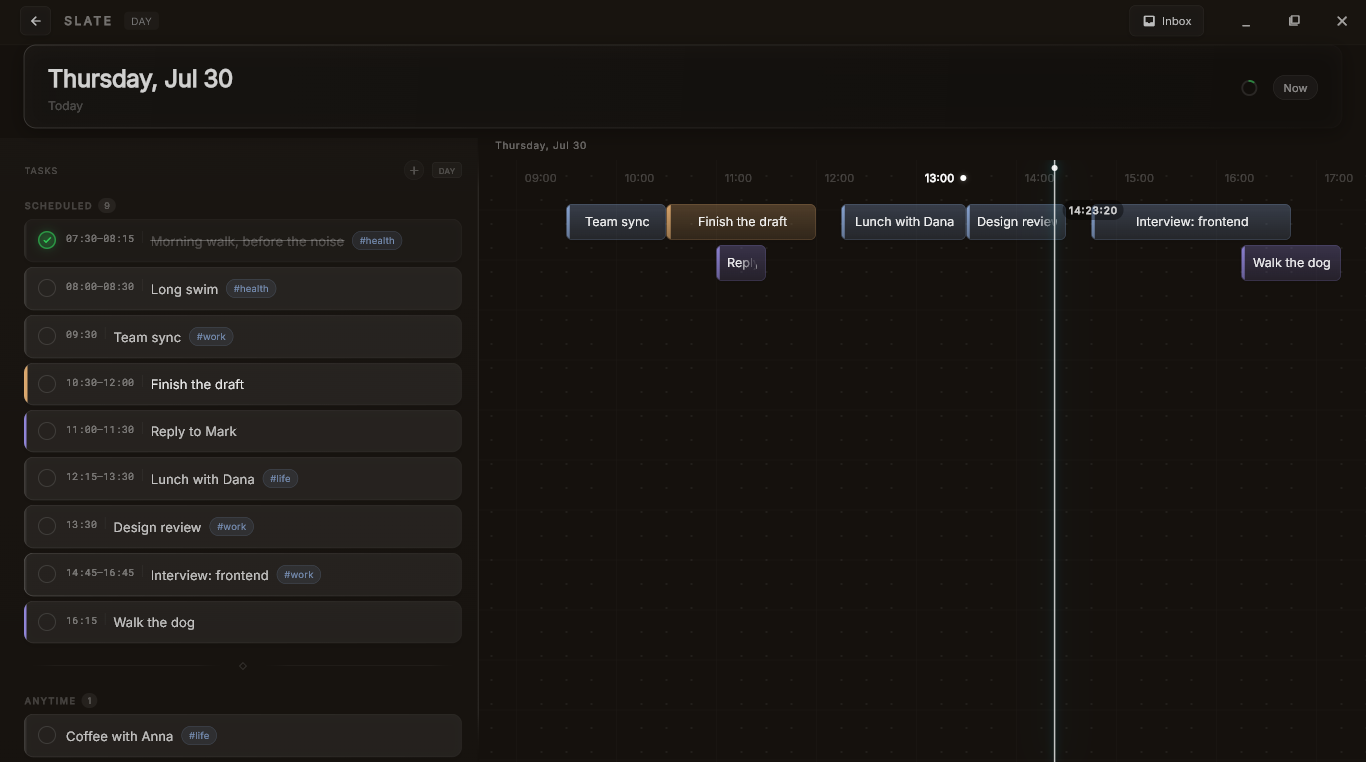 Slate showing a single day: a list of tasks on the left, and the same tasks placed as blocks on a horizontal ribbon of hours on the right.